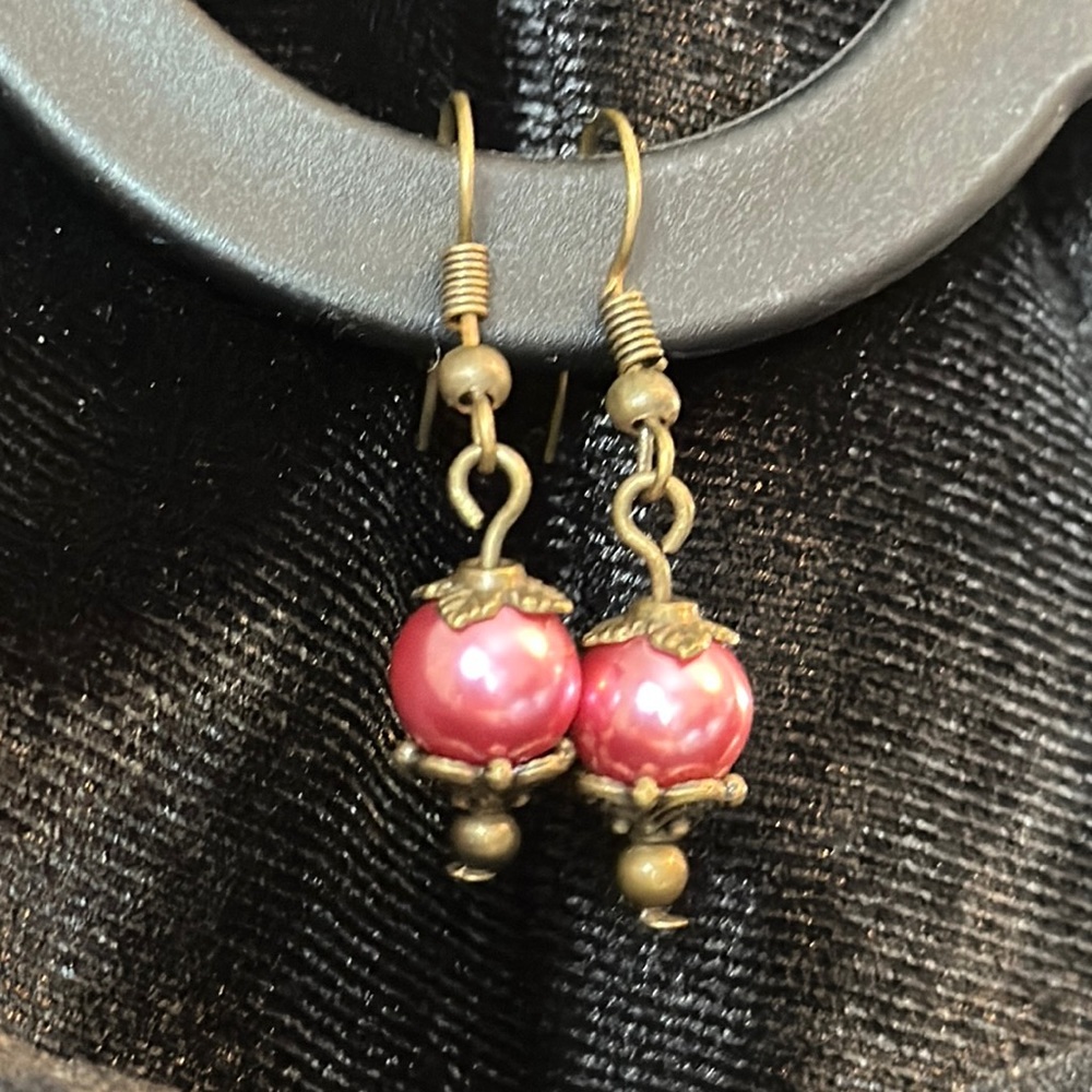 Bohemian Boho Victorian 1928 Style Pink Faux Pearl Earrings
